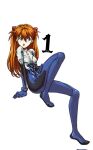  1girl amondetauro blue_eyes bodysuit cosplay hair_between_eyes highres ikari_shinji ikari_shinji_(cosplay) invisible_chair neon_genesis_evangelion orange_hair pilot_suit plugsuit simple_background sitting solo souryuu_asuka_langley tongue tongue_out white_background white_bodysuit 