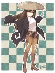  2021 artist_name belt boots brown_belt brown_eyes brown_hair commentary cowboy_boots english_commentary full_body gun hat highres holster jacket jacket_on_shoulders japanese_clothes knee_boots kuden kunai long_hair nagatsuki_misoka outline reverse_grip signature weapon 