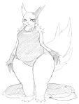  3:4 anthro baburusushi biped clothing female front_view frown fur generation_3_pokemon hi_res looking_at_viewer nintendo pokemon pokemon_(species) school_swimsuit sketch slightly_chubby solo swimwear zangoose 