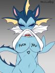  anthro bell bell_collar blue_body blush body_writing breasts cleavage clothed clothing clothing_lift collar eeveelution female generation_1_pokemon hi_res mammal nintendo pokemon pokemon_(species) pukemilked shirt shirt_in_mouth shirt_lift skullwife solo tail topwear vaporeon 