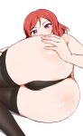  1girl absurdres anus anus_peek armpit_crease ass ass_focus black_panties black_thighhighs blush box_wonderland commentary frown hand_on_own_ass highres knees_together_feet_apart looking_at_viewer love_live! nishikino_maki panties parted_bangs purple_eyes red_hair shadow short_hair spreading thighhighs underwear white_background 