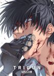  1boy biting black_hair blood blood_on_face collared_shirt copyright_name highres looking_at_viewer male_focus mouth_hold natsushio_(x2i2a) nicholas_d._wolfwood portrait shirt short_hair solo teeth teeth_hold trigun twitter_username vial white_background white_eyes white_shirt 