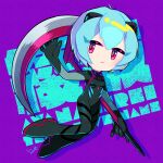  1girl ayanami_rei black_bodysuit blue_eyes bodysuit breasts character_name chibi commentary_request evangelion:_3.0+1.0_thrice_upon_a_time expressionless full_body neon_genesis_evangelion otoe_(milkyboy_inc.) pink_eyes plugsuit purple_background rebuild_of_evangelion scythe short_hair signature small_breasts solo 