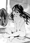  1girl black_hair blush breasts completely_nude condom crossed_legs electric_fan greyscale highres long_hair looking_at_viewer monochrome nipples non-web_source nude nude_filter open_mouth sweat tatami third-party_edit vaginal 