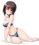  1girl arm_support black_eyes blue_bra blue_panties bra breasts brown_eyes cleavage feet_out_of_frame girls_und_panzer highres kuzuryuu_kennosuke looking_at_viewer medium_breasts nishizumi_maho panties short_hair simple_background sitting solo tsurime underwear underwear_only white_background yokozuwari 