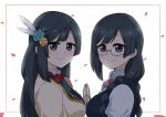  2girls afterschool_school_idol_(love_live!) birthday black_hair border braid breast_press breasts commentary dual_persona falling_petals feather_hair_ornament feathers flower glasses gloves grey_eyes hair_flower hair_ornament long_hair looking_at_viewer love_live! love_live!_nijigasaki_high_school_idol_club medium_breasts multiple_girls nakagawa_nana nijigasaki_academy_school_uniform one_side_up petals pink_border school_uniform symmetrical_docking twin_braids van_springfield white_background white_gloves yuuki_setsuna_(love_live!) 