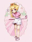  1girl ? aqua_belt aqua_eyes belt blonde_hair blush border breasts breasts_apart buttons collared_shirt crown earrings eyelashes eyeshadow film_grain flutterinreallife full_body heart highres jewelry long_hair looking_at_viewer makeup mario_(series) mario_golf mario_golf:_super_rush mario_golf:_world_tour mascara official_alternate_costume outline peach_gardens_(mario) pink_background pink_border pink_eyeshadow pink_footwear pink_shirt polo_shirt princess_peach princess_peach&#039;s_castle shirt shoes short_sleeves sidelocks skirt small_breasts sneakers socks solo sparkle speech_bubble spoken_heart spoken_question_mark standing watermark white_outline 