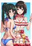  2girls ass back bare_shoulders bikini black_hair blue_bikini blush breasts brown_eyes cleavage collarbone commentary_request green_hair hair_ornament hair_tie hairclip hand_on_another&#039;s_waist hasumushi highres idolmaster idolmaster_cinderella_girls jewelry looking_at_viewer looking_back medium_breasts multiple_girls necklace ohishi_izumi open_mouth ponytail short_hair sideboob smile string_bikini swimsuit takafuji_kako waving yellow_eyes 