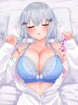  1girl artist_name bed blue_bra blush bow bow_bra bra breasts cleavage closed_eyes collarbone festa11307070 grey_hair hair_between_eyes hair_ornament hakase_fuyuki lace lace_bra large_breasts long_hair lying nijisanji on_back open_clothes open_mouth open_shirt pillow shirt skindentation sleeping solo twintails underwear upper_body virtual_youtuber white_shirt 