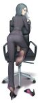  1girl absurdres ass black_pantyhose brown_eyes chair earrings feet full_body high_heels highres jewelry mato_kuroi niijima_sae no_shoes office_chair office_lady pants pantyhose persona persona_5 simple_background soles solo swivel_chair white_background 
