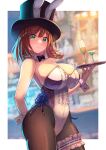  1girl animal_ears bare_shoulders black_headwear braid breasts bridal_garter brown_hair brown_pantyhose charlotte_corday_(fate) cleavage cup detached_collar drinking_glass fake_animal_ears fate/grand_order fate_(series) green_eyes hat highleg highleg_leotard large_breasts leotard looking_at_viewer pantyhose playboy_bunny rabbit_ears revision sakumichi short_hair side_braid smile solo thighs top_hat tray wrist_cuffs 