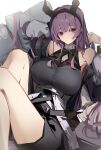  1girl absurdres arknights bare_shoulders black_shirt black_shorts breasts chichi_guai closed_mouth coat commentary_request facing_viewer grey_coat highres horns knees_up large_breasts long_hair looking_ahead purple_hair red_eyes shirt shorts sitting solo typhon_(arknights) 