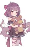  1girl absurdres blush bow dress fallenshadow hair_bow highres holding holding_stuffed_toy indie_virtual_youtuber looking_at_viewer opossumachine purple_hair ribbon short_hair stuffed_animal stuffed_toy teddy_bear tentacles thigh_strap virtual_youtuber 