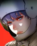  1boy androgynous armor berserk blue_eyes close-up closed_mouth helmet lips looking_at_viewer male_focus nisino2222 solo white_hair 
