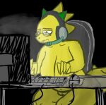  2023 alphys anthro belly big_breasts black_background breasts buckteeth chair computer computer_monitor computer_mouse eyewear female furniture gaming genitals glasses headgear headphones headset huge_breasts keyboard lizard morgan_shawty non-mammal_breasts nude on_chair overweight overweight_anthro overweight_female pussy reptile scalie simple_background sitting sitting_on_chair solo table tail teeth thick_thighs tired_eyes undertale_(series) wide_hips yellow_body 