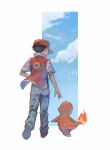  1boy black_hair charmander cloud commentary from_behind full_body hat highres jacket kikuyoshi_(tracco) male_focus pants pokemon pokemon_(creature) pokemon_(game) pokemon_rgby red_(pokemon) red_headwear shoes short_hair short_sleeves sky standing 