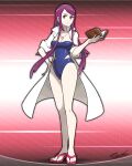  1girl bare_legs breasts cleavage commission cosplay fire_emblem fire_emblem_engage highres ivy_(fire_emblem) jewelry lab_coat large_breasts long_hair mole mole_under_mouth name_connection necklace official_style open_clothes parody philena_ivy philena_ivy_(cosplay) pokemon pokemon_(anime) pokemon_(classic_anime) pokemon_(game) pokemon_xy purple_eyes purple_hair siczak sleeves_past_wrists solo swimsuit toeless_footwear 