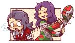  2boys christmas_lights closed_eyes commentary_request employee_(lobotomy_corporation) flying_sweatdrops hatake_shimeji holding_club jacket lobotomy_corporation long_hair long_sleeves male_focus multiple_boys necktie no_nose o_o open_mouth patchwork_clothes project_moon purple_hair red_necktie shirt teardrop white_jacket white_shirt 