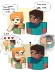  1boy 1girl :d ? absurdres alex_(minecraft) blush brown_background brown_hair cropped_torso english_text freckles green_shirt heart hetero highres long_hair looking_at_another minecraft orange_hair shirt short_hair short_sleeves smile steve_(minecraft) sweat teachiialt thought_bubble upper_body white_background yellow_background 