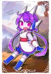  1girl blue_footwear blue_gloves blurry blurry_background character_name colored_skin copyright_name dragon_girl dragon_horns freedom_planet full_body gloves highres horns looking_at_viewer low_twintails pink_eyes purple_hair sash_lilac shirt sleeveless sleeveless_shirt solo twintails usui_yuki white_skin 