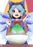 1girl blue_bow blue_dress blue_eyes blue_hair blurry blurry_background bow bowtie cirno cirno_day detached_wings dress food hair_bow highres holding holding_spoon ice ice_wings looking_at_viewer open_mouth red_bow red_bowtie shaved_ice short_hair short_sleeves solo spoon starraisins teeth touhou upper_teeth_only wings 