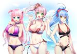  3girls absurdres ahoge battle_maiden_navi beach bikini black_bikini blue_eyes bow breasts character_request cleavage cloud cloudy_sky commission green_eyes hair_bow hair_ornament hairpin hand_on_own_hip hands_on_own_chest hands_up highres large_breasts long_hair lord_of_walkure multiple_girls navel ocean open_mouth pink_bow pink_hair pixiv_commission ponytail purple_bikini raito_(latek) red_trim short_twintails side-tie_bikini_bottom side_ponytail sidelocks sky swimsuit teeth tongue twintails upper_teeth_only wardrobe_malfunction white_bikini yellow_eyes 