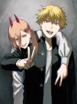  1boy 1girl arm_on_shoulder blonde_hair brown_hair chainsaw_man cross-shaped_pupils denji_(chainsaw_man) gakuran grey_background highres horns kota_2kx long_hair looking_at_viewer open_mouth parted_lips power_(chainsaw_man) red_horns school_uniform sharp_teeth short_hair smile symbol-shaped_pupils teeth tongue tongue_out v yellow_eyes 