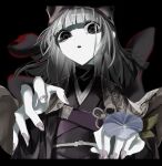  1girl black_eyes black_hair black_headwear black_kimono blue_flower blunt_bangs chajinbou creepy_eyes darkness fate/grand_order fate_(series) flower flower_knot gradient_hair grey_hair hat highres holding holding_flower japanese_clothes kagerou_4253 kimono long_sleeves looking_at_viewer medium_hair multicolored_hair reaching reaching_towards_viewer right-over-left_kimono sen_no_rikyu_(fate) solo wide_sleeves 