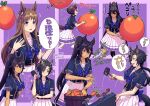  4girls ahoge air_shakur_(umamusume) animal_ears arm_up back_bow blue_bow blue_eyes blue_shirt bow brown_hair carrot clenched_hands closed_mouth commentary_request dark-skinned_female dark_skin ear_ornament earrings eyebrow_piercing grass_wonder_(umamusume) hair_between_eyes hammer hi_(ibisf5umauma) highres holding holding_carrot holding_hammer horse_ears horse_girl horse_tail jewelry long_hair looking_at_viewer multicolored_hair multiple_girls multiple_views open_mouth parted_lips piercing red_eyes shirt short_sleeves single_earring smile speech_bubble streaked_hair symboli_kris_s_(umamusume) tail translation_request umamusume very_long_hair white_hair yaeno_muteki_(umamusume) yellow_eyes 