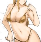  1girl absurdres bare_arms bare_shoulders bed_sheet bikini blonde_hair breasts cleavage collarbone commentary crystal_earrings dinelind_(drill_(emilio)) drill_(emilio) earrings gold_bikini groin head_out_of_frame highres jewelry large_breasts long_hair navel original smile solo stomach strap_pull swimsuit 