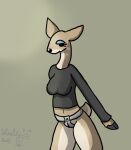  2023 anthro black_clothing black_shirt black_topwear bottomless bottomless_anthro bottomless_female breasts chastity_belt chastity_device clothed clothing deer female green_background hoof_hands hooves lock mammal metal_chastity_belt padlock shaded shirt simple_background standing steelgatomon submissive submissive_anthro submissive_female topwear 