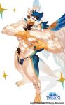  abs another_eidos_of_dragon_vein_r anthro blue_body blue_feathers body_hair brown_body brown_feathers chest_tuft clothing dion_(anothereidos_r) feathers flat_bulge happy_trail hokipong male muscular_arms muscular_thighs nipples no_bulge one_eye_closed orange_body orange_feathers pecs solo speedo swimwear taloned_hands talons thong tuft underwear white_body white_feathers wings 