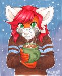  2021 ailurid anthro beverage biped black_markings candy chocolate claws clothed clothing dessert eyebrows eyewear facial_markings female food glasses green_eyes hair half-length_portrait head_markings hi_res holding_beverage holding_mug holding_object hot_chocolate malachyte mammal markings mug orange_body pink_nose portrait red_clothing red_hair red_panda red_sweater red_topwear short_hair smile snow solo sweater topwear white_ears winter 