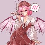  1girl animal_ears bird_ears bird_wings blush breasts brown_background brown_dress brown_headwear closed_mouth cowboy_shot dress eaglov earrings fingernails frilled_sleeves frills hat highres holding holding_tray jewelry long_fingernails long_sleeves looking_at_viewer medium_breasts mystia_lorelei nail_polish pink_eyes pink_hair pink_nails pixel_art sharp_fingernails shirt short_hair simple_background single_earring sleeve_garter smile solo spoken_blush suggestive_fluid touhou tray white_shirt white_wings winged_hat wings 