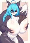  2023 anthro big_breasts blue_eyes blue_hair blush breast_grab breasts canid canine canis disembodied_hand domestic_dog duo female hair hand_on_breast hanul hi_res huge_breasts mammal nude one_eye_closed tailzkim 