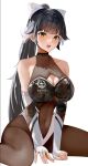  1girl absurdres azur_lane black_gloves black_hair black_leotard bodystocking breasts cleavage cleavage_cutout clothing_cutout covered_collarbone covered_navel elbow_gloves gloves hair_ribbon highleg highleg_leotard highres kejirion large_breasts leotard long_hair looking_at_viewer navel_cutout official_alternate_costume open_mouth orange_eyes ponytail race_queen ribbon sitting solo takao_(azur_lane) takao_(full_throttle_charmer)_(azur_lane) two-tone_gloves two-tone_leotard very_long_hair wariza white_background white_gloves white_leotard white_ribbon 