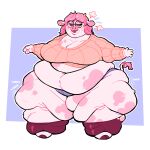  absurd_res anthro belly big_belly big_breasts bovid bovine breasts cattle cleavage clothed clothing eyewear fat_legs female geodudeman124 glasses hair hi_res horn love_handles mammal morbidly_obese morbidly_obese_anthro morbidly_obese_female navel obese obese_anthro obese_female overweight overweight_anthro overweight_female pink_hair simple_background solo standing sweater tongue tongue_out topwear wobbling 