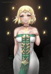  1girl absurdres armlet bare_shoulders blonde_hair blush bracelet breasts circlet collarbone dress earrings green_eyes grin highres jewelry looking_at_viewer lying medium_breasts necklace on_back parted_bangs pointy_ears princess_zelda ryuuneart short_hair smile solo the_legend_of_zelda the_legend_of_zelda:_tears_of_the_kingdom thighs white_dress 