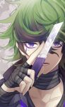  1boy bandaged_hand bandaged_neck bandages boxcutter commentary_request eyeliner green_hair grey_background hair_between_eyes hand_up holding_boxcutter looking_at_viewer makeup male_focus master_detective_archives:_rain_code multicolored_hair open_mouth purple_eyeliner purple_eyes short_hair shouji6989 solo streaked_hair twilight_vivia upper_body 