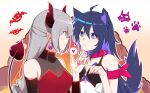  2girls :&lt; absurdres ahoge alternate_costume alternate_universe animal_ears armband bare_shoulders blue_hair breasts bronya_rand closed_mouth colored_inner_hair demon_girl demon_horns detached_sleeves drill_hair earrings english_commentary grey_eyes grey_hair hair_between_eyes hand_on_another&#039;s_chin heart highres honkai:_star_rail honkai_(series) horns jewelry leash looking_at_another multicolored_hair multiple_girls red_armband red_horns seele_(honkai:_star_rail) small_breasts smile sunny_day_9797 tail wolf_ears wolf_girl wolf_tail yuri 
