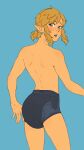  blonde_hair blue_eyes blush breath_of_the_wild clothed clothing diaper diaper_only ear_piercing ear_ring embarrassed floofnfluff hair hi_res humanoid hylian link looking_back male nintendo not_furry open_mouth piercing ponytail ring_piercing solo standing swimwear teeth the_legend_of_zelda topless wearing_diaper 