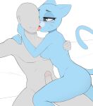  2023 anthro breasts cartoon_network domestic_cat duo face_lick faceless_character felid feline felis female female_on_human genitals hi_res human human_on_anthro interspecies kobradraws licking male male/female male_on_anthro mammal nicole_watterson nipples nude penis simple_background sitting smile the_amazing_world_of_gumball tongue tongue_out 