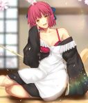  1girl apron bamboo_broom black_kimono blue_bow blush bow bra breasts broom cherry_blossoms collarbone commentary_request hair_bow half_updo highres iro_(sekaixiro) japanese_clothes kimono kohaku_(tsukihime) looking_at_viewer maid_apron medium_breasts off_shoulder open_mouth petals red_bra red_hair short_hair sitting sleeves_past_wrists smile solo tsukihime underwear wa_maid white_apron wide_sleeves yellow_eyes 