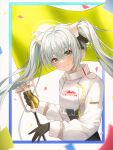  1girl absurdres black_gloves black_shirt blue_eyes blue_hair closed_mouth commentary confetti cropped_jacket flag gloves goodsmile_racing hair_between_eyes hair_ornament hatsune_miku headset highres holding holding_flag hylogic jacket light_blue_hair light_blush long_sleeves looking_at_viewer outside_border racing_miku racing_miku_(2022) shirt smile solo twintails two-tone_gloves upper_body vocaloid white_jacket yellow_gloves 
