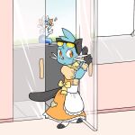  anthro black_body black_fur blue_body blue_fur blush cafe canid canine cheering clothed clothing colored dewott door dress entering_room eyewear fox fur generation_5_pokemon hi_res kipaki maid_cafe maid_uniform mammal nervous nintendo pokemon pokemon_(species) sunglasses tail uniform whiskers 