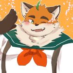  ahoge anthro blush canid canine fox fur green_eyes hair hi_res iyo_(tamacolle) komu_san8 male mammal one_eye_closed orange_body orange_fur overweight smile solo suspenders tamacolle wink 