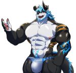  2023 2_horns abs anthro arm_tattoo barazoku beard biceps black_body black_fur blue_eyes blue_hair blue_tattoo blush blush_lines broken_horn bulge canid canine canis clothing deltoids dragon facial_hair fur hair hi_res hip_markings horn hugothecorgo hybrid inarashi_(whitexwolfy) leg_markings licking licking_lips looking_at_viewer male mammal markings multicolored_body multicolored_fur muscular_thighs navel nipples open_mouth pawpads pecs pubes solo speedo standing stripes swimwear tail_mane tattoo tongue tongue_out two_tone_body two_tone_fur white_body white_fur wolf yellow_stripes 