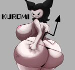  anthro areola big_breasts big_butt black_eyes breasts butt clothed clothing english_text female gothicc hand_on_butt hi_res huge_breasts huge_butt kuromi lagomorph leporid looking_at_viewer looking_back mammal nipples onegai_my_melody pink_areola pink_nipples rabbit sanrio side_boob smile solo spade_tail tail text thick_thighs thong topless underwear white_body 