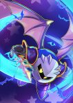  1boy absurdres armor bat_wings commentary_request galaxia_(sword) gloves highres holding holding_sword holding_weapon kirby_(series) looking_at_viewer male_focus mask meta_knight no_humans pauldrons semito310 shoulder_armor slashing solo star_(symbol) sword weapon wings yellow_eyes 