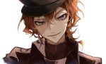  1boy absurdres black_headwear black_jacket black_shirt black_suit blue_eyes bungou_stray_dogs hair_between_eyes highres jacket looking_at_viewer lower_teeth_only mafia male_focus medium_hair nakahara_chuuya open_mouth orange_hair partially_shaded_face portrait shirt simple_background smile solo suit teeth white_background ya_ta 